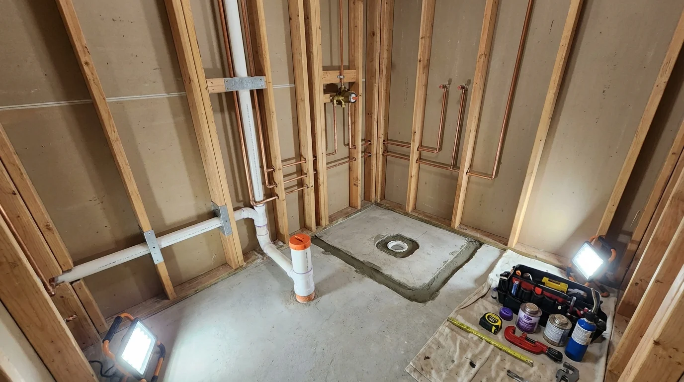Bathroom rough-in plumbing during remodel by Johns Plumbing LLC in Pierce