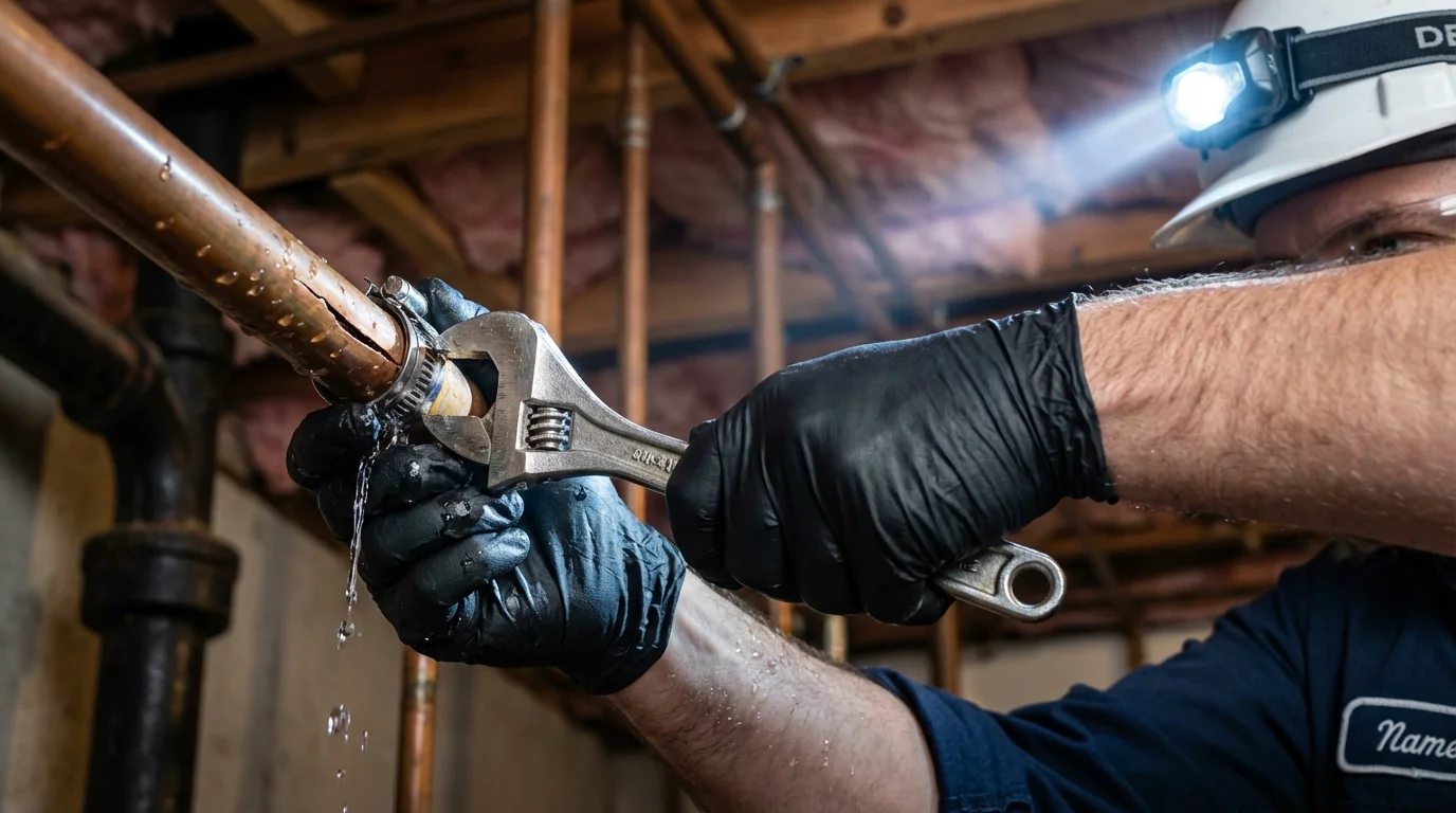 Emergency pipe clamp repair being performed by a Johns Plumbing LLC plumber in Pierce