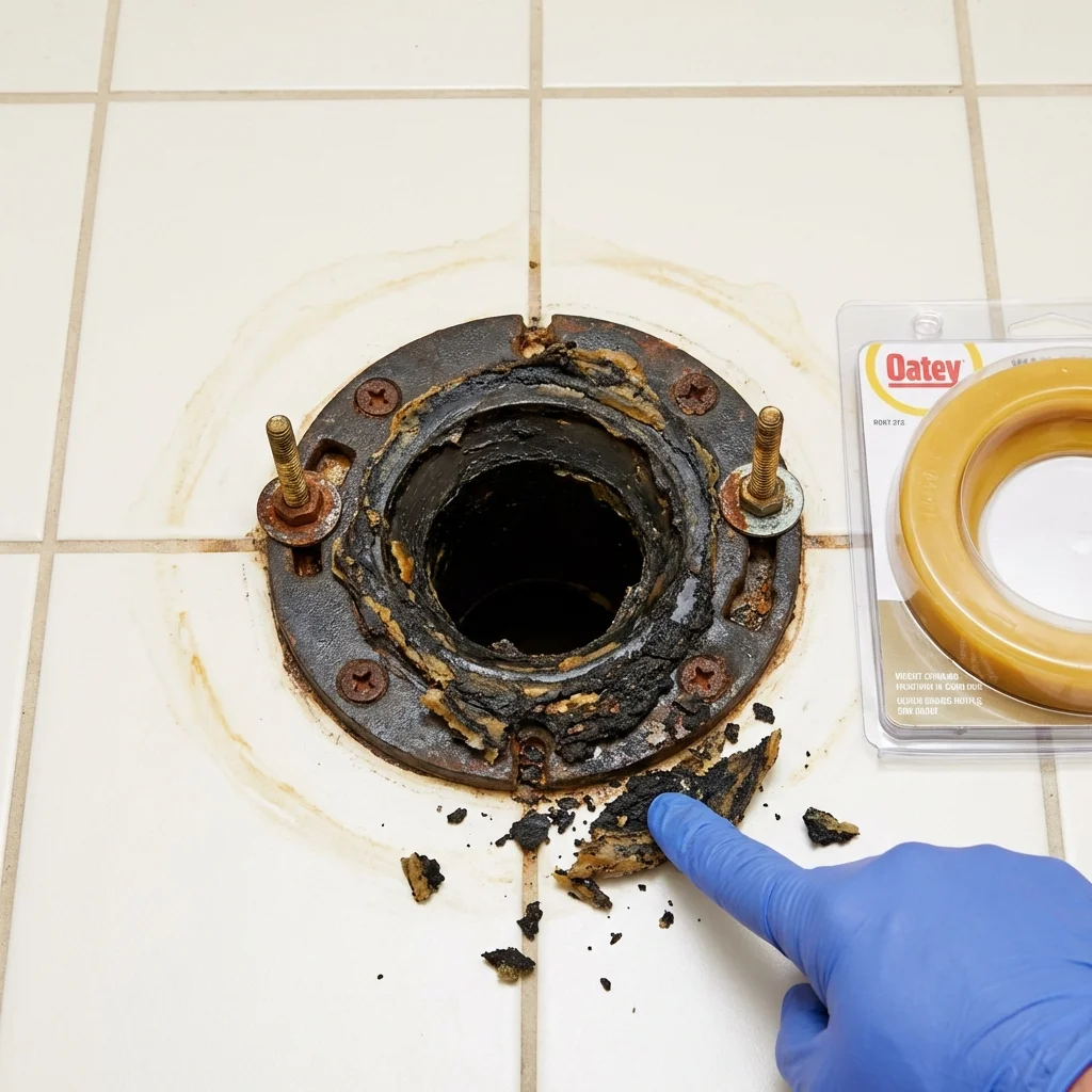 Failed wax ring showing water seepage at the base of a toilet in a Pierce, NE home
