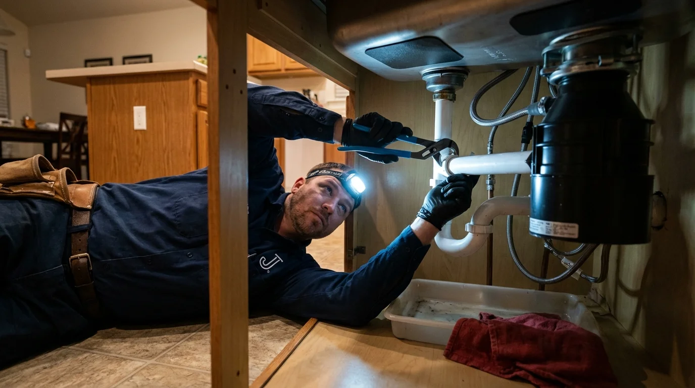 P-trap and supply line connections under a kitchen sink showing a common leak point in Pierce, NE